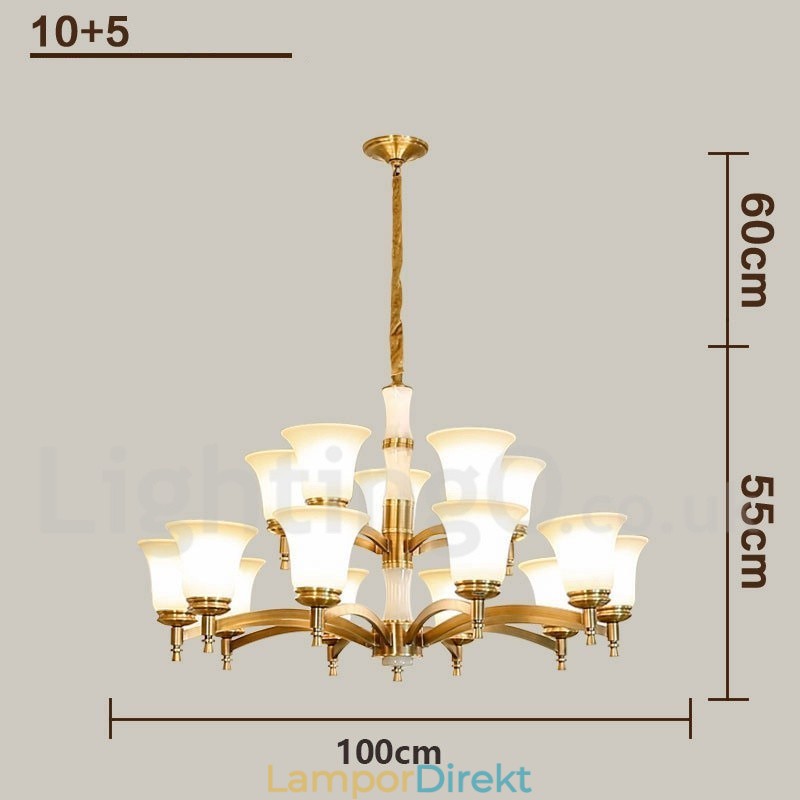Ren Mässing Lyxig Rustik Retro Vintage Mässing Sten Hängande Ljuskrona Med Glasskärmar