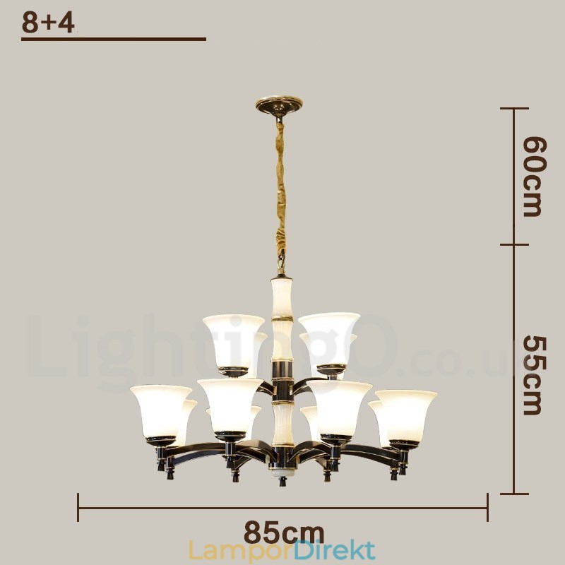 Ren Mässing Lyxig Rustik Retro Vintage Mässing Sten Hängande Ljuskrona Med Glasskärmar