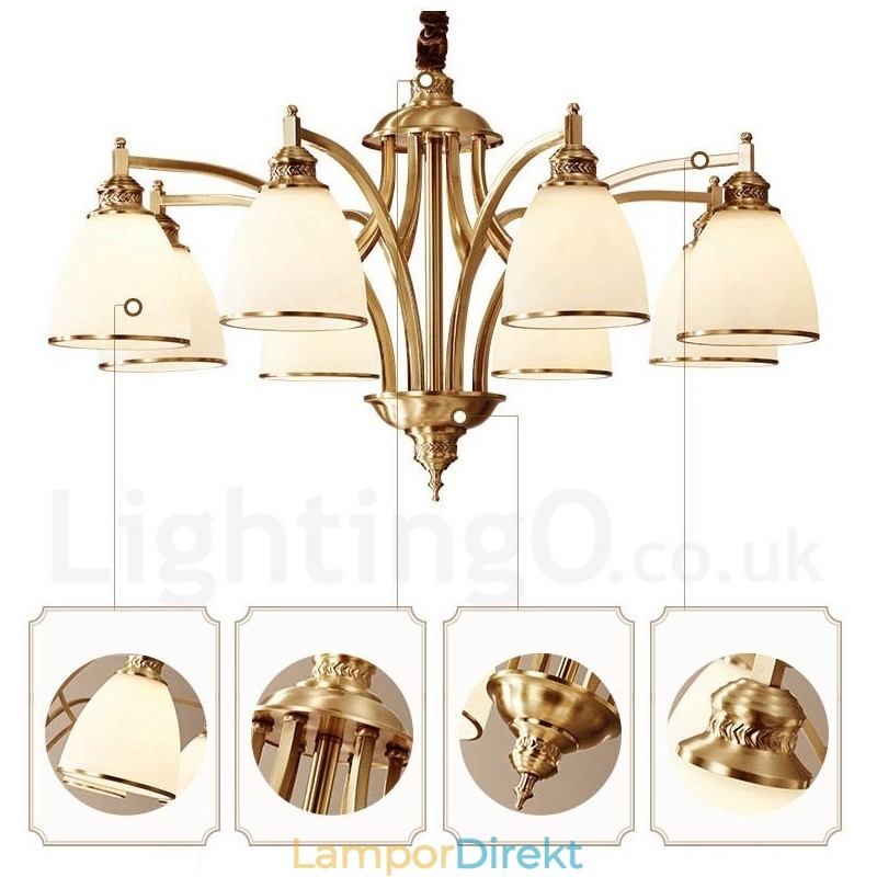 Ren Mässing Stor Lyxig Rustik Retro Vintage Mässing Hängande Ljuskrona Med Glasskärmar