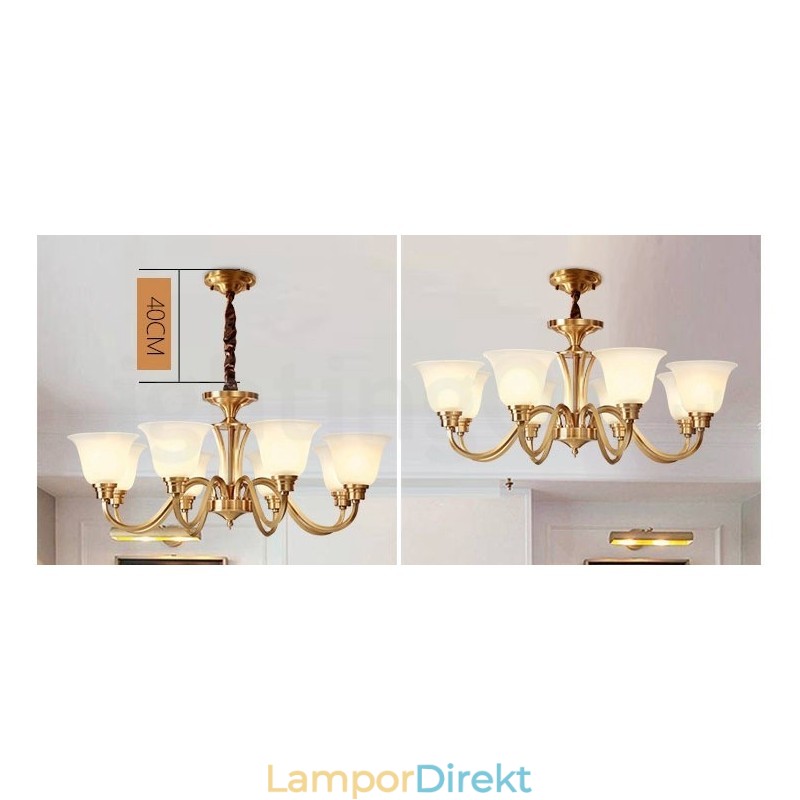Ren Mässing Stor Lyxig Rustik Retro Vintage Hängande Ljuskrona I Massiv Mässing Med Glasskärmar