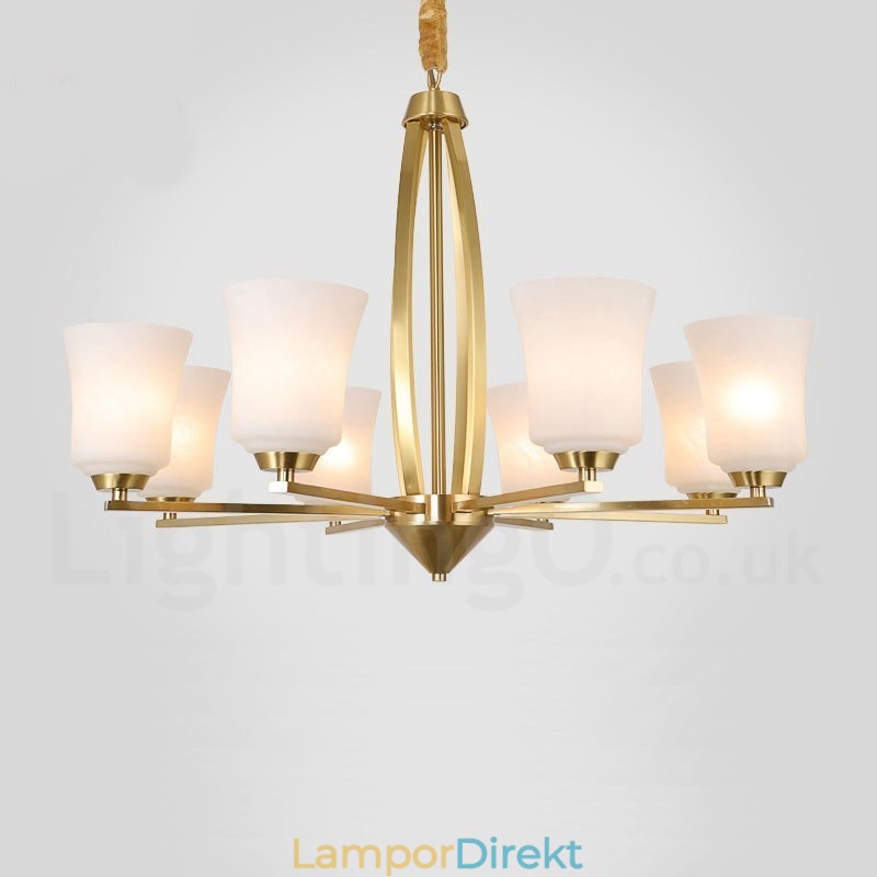 8 Ljus Ren Mässing Stor Lyxig Rustik Retro Vintage Mässingshängande Ljuskrona Med Glasskärmar