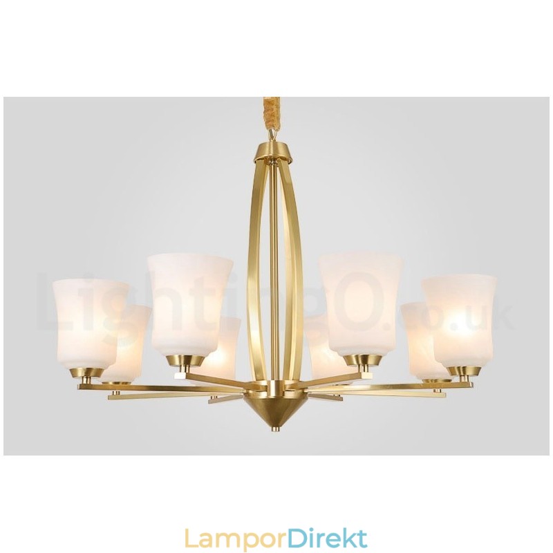 8 Ljus Ren Mässing Stor Lyxig Rustik Retro Vintage Mässingshängande Ljuskrona Med Glasskärmar