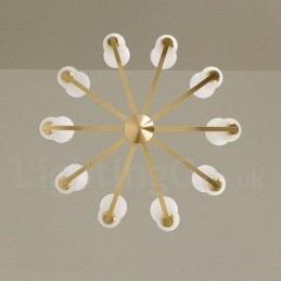 Retro Vintage Mässingshängande Ljuskrona Med Glasskärmar