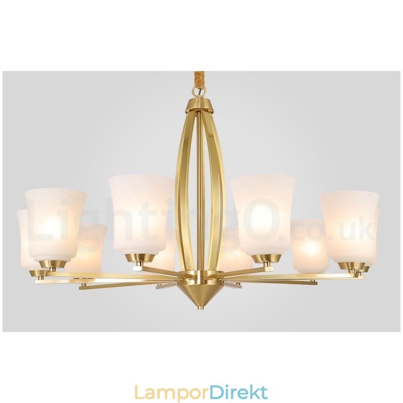 Retro Vintage Mässingshängande Ljuskrona Med Glasskärmar