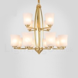 12 Ljus Ren Mässing Stor Lyxig Rustik Retro Vintage Mässingshängande Ljuskrona Med Glasskärmar