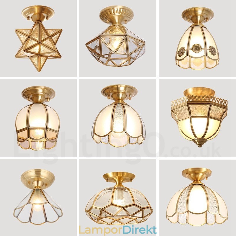 Pure Brass Rustic Lodge Nordic Style Infälld Taklampa Med Glasskärm