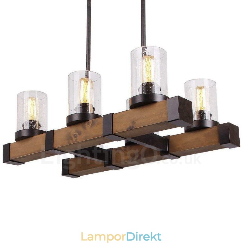 6 Ljus Vintage Trä Ljuskrona Industriell Vind Loft Trä Linjär Hängande Belysning