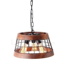 3 Ljus Ring Vintage Trä Ljuskrona Industriell Vind Loft Trä Linjär Hängande Belysning