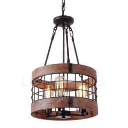 3 Ljus Trumma Vintage Trä Ljuskrona Industriell Vind Loft Trä Linjär Hängande Belysning