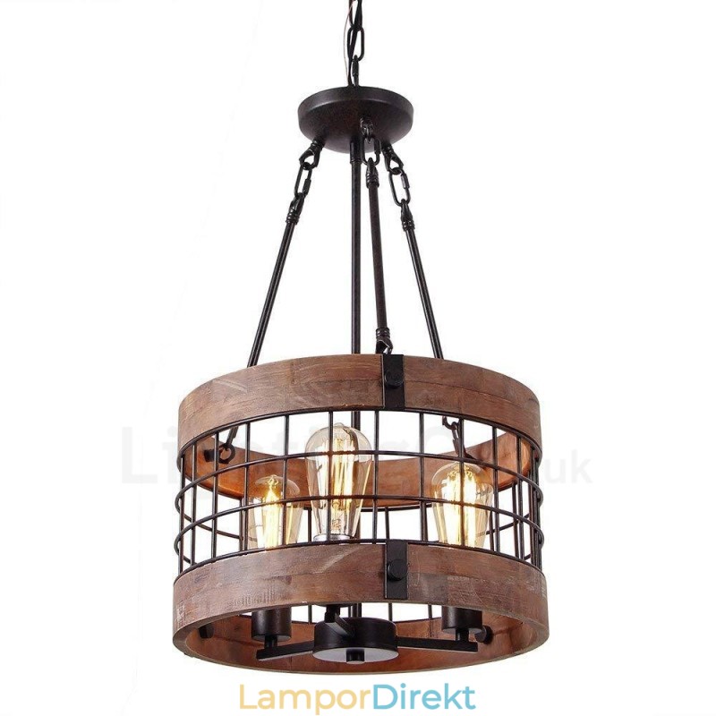 3 Ljus Trumma Vintage Trä Ljuskrona Industriell Vind Loft Trä Linjär Hängande Belysning
