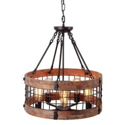 5 Ljus Trumma Vintage Trä Ljuskrona Industriell Vind Loft Trä Linjär Hängande Belysning