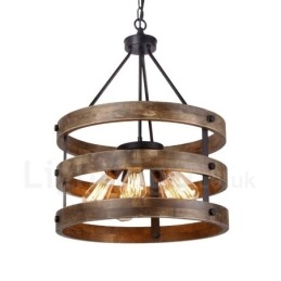 5 Ljus Trumma Vintage Trä Ljuskrona Industriell Vind Loft Trä Linjär Hängande Belysning