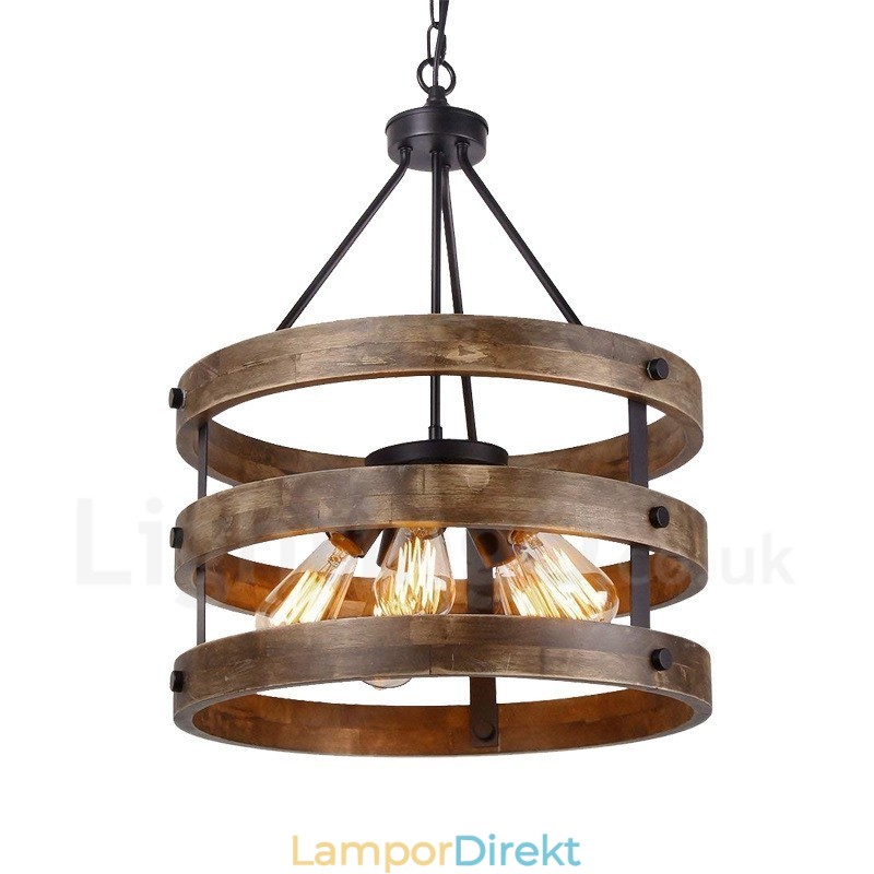 5 Ljus Trumma Vintage Trä Ljuskrona Industriell Vind Loft Trä Linjär Hängande Belysning