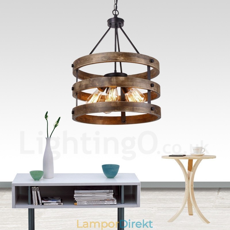5 Ljus Trumma Vintage Trä Ljuskrona Industriell Vind Loft Trä Linjär Hängande Belysning
