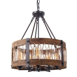 5 Ljus Trumma Vintage Trä Ljuskrona Industriell Vind Loft Trä Linjär Hängande Belysning