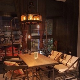 5 Ljus Trumma Vintage Trä Ljuskrona Industriell Vind Loft Trä Linjär Hängande Belysning