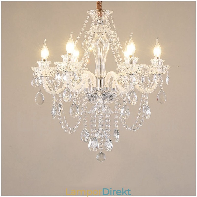 6 Ljus Ljuskrona I Klar Kristall Specialdesign Med Vita Armar