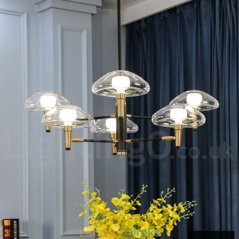 6 Light Uplight Galvaniserad, Målad Ljuskrona Med Glasskärmar