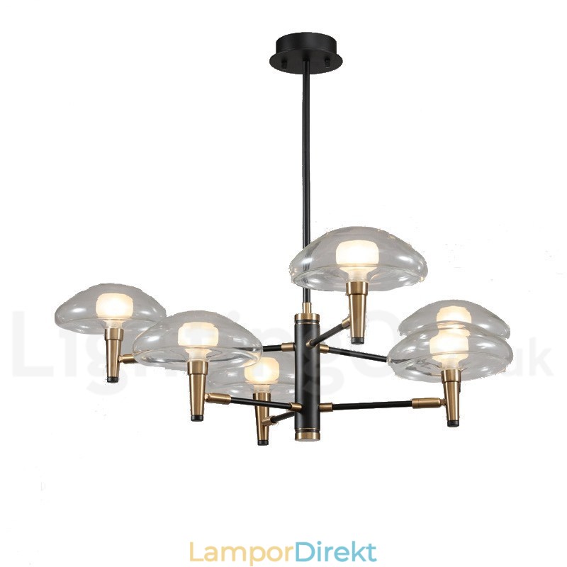 6 Light Uplight Galvaniserad, Målad Ljuskrona Med Glasskärmar