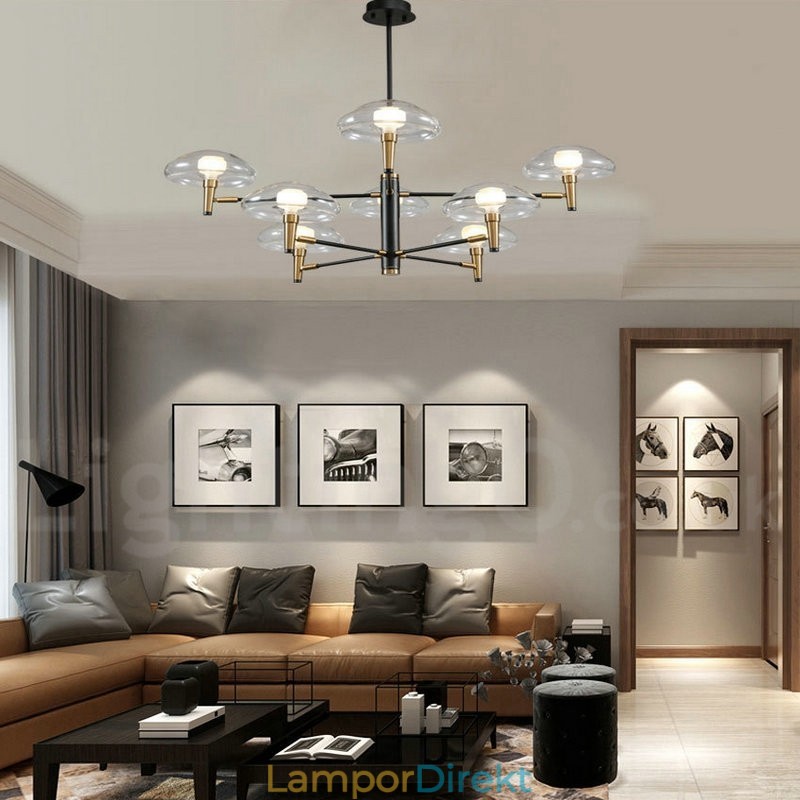 8 Light Uplight Galvaniserad, Målad Ljuskrona Med Glasskärmar