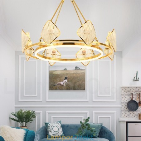 Guld Postmodern Lyx Rund K9 Kristall Hängande Ljuskrona Ljus Med Akryl Skärm Utställningshall Guld Postmodern Lyx Rund K9 Kristall Hängande Ljuskrona Ljus Med Akryl Skärm Utställningshall