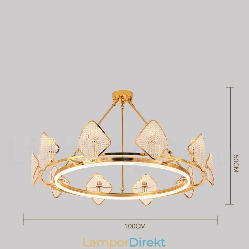 Guld Postmodern Lyx Rund K9 Kristall Hängande Ljuskrona Ljus Med Akryl Skärm Utställningshall