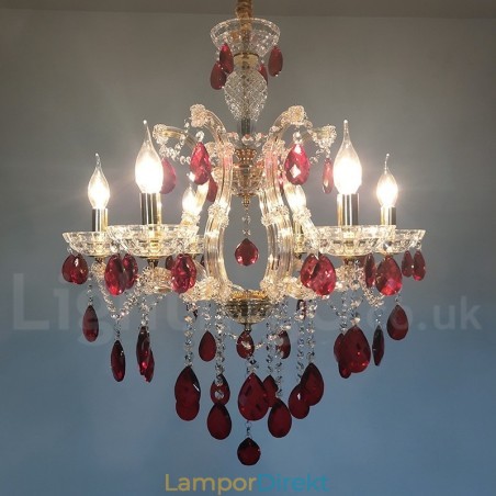 6 Ljus Guld Ljuskrona Med Röd Kristall