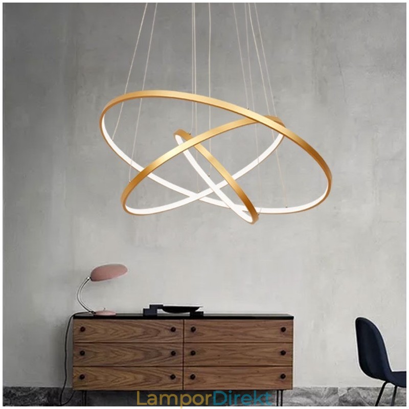 Dimbar Taklampa Med Fjärrkontroll Guld Modern Design Tre Ringar