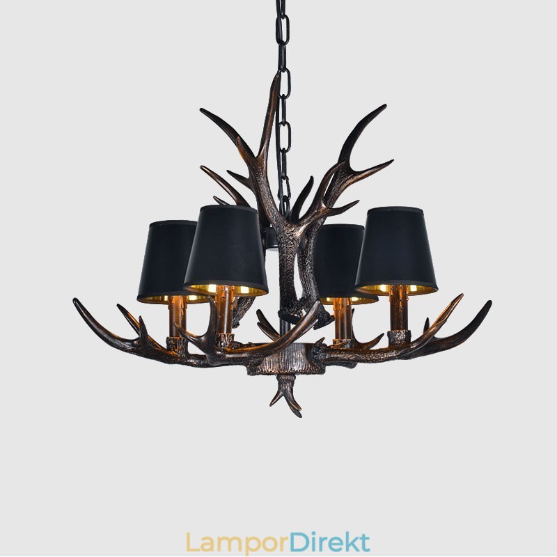 4 Ljus Svart Rustik Konstnärlig Retro Horn Antik Ljuskrona Med Skärmar