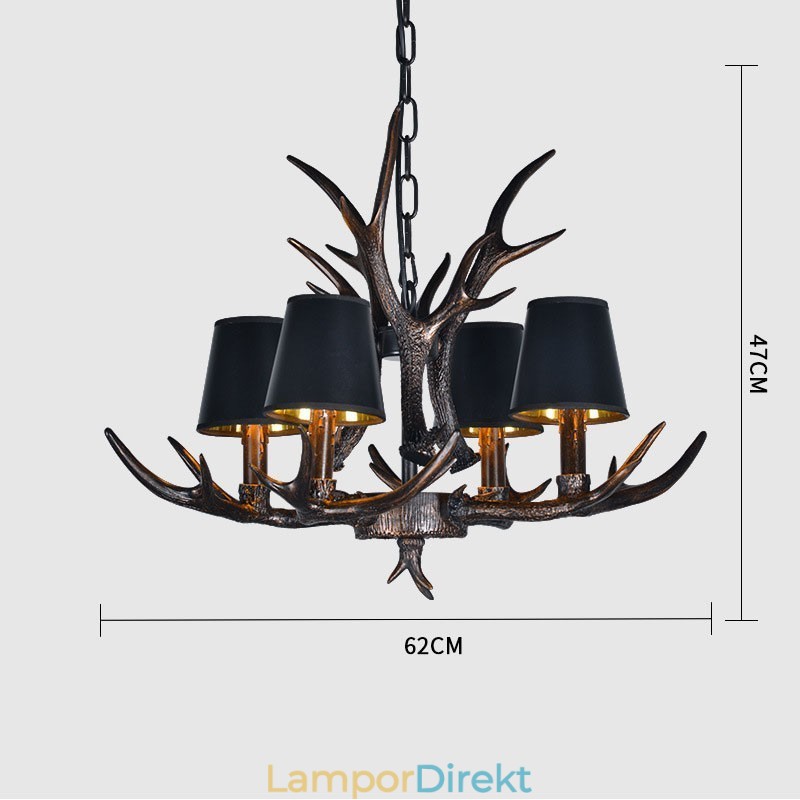 4 Ljus Svart Rustik Konstnärlig Retro Horn Antik Ljuskrona Med Skärmar
