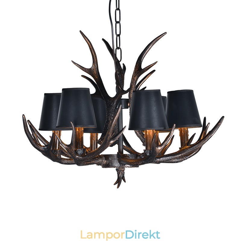 6 Ljus Svart Rustik Konstnärlig Retro Horn Antik Ljuskrona Med Skärmar