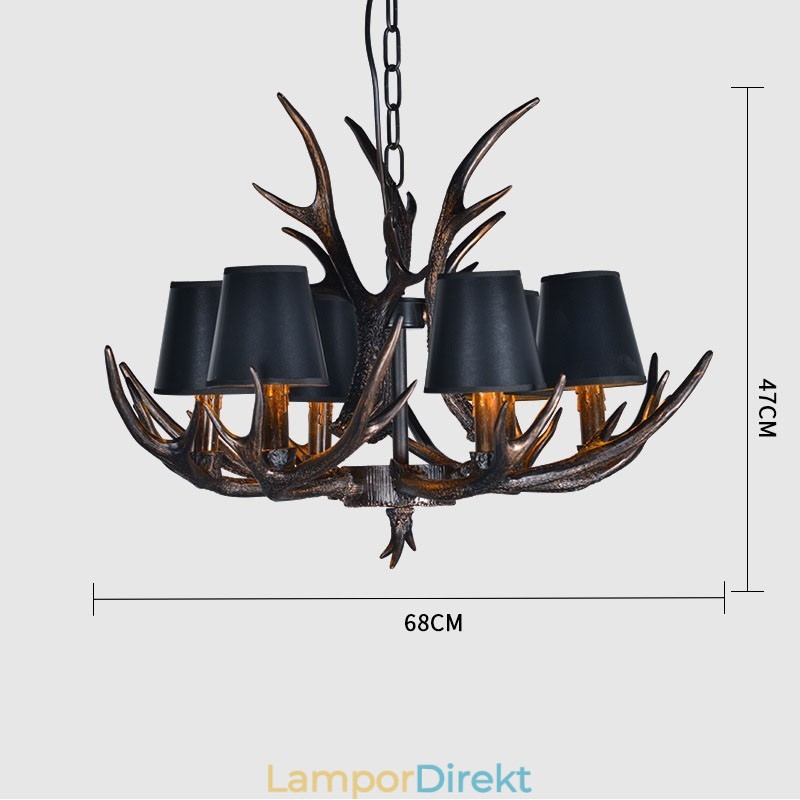 6 Ljus Svart Rustik Konstnärlig Retro Horn Antik Ljuskrona Med Skärmar