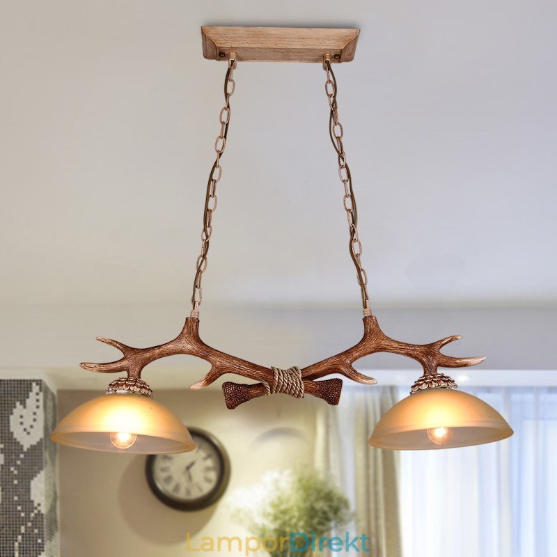 2 Ljusbrun Rustik Konstnärlig Retro Antler Antik Pendellampa Med Glasskärm
