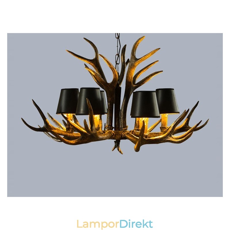 6 Ljus Svart Rustik Konstnärlig Retro Horn Antik Ljuskrona Med Skärmar