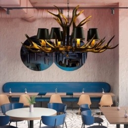 8 Ljus Svart Rustik Konstnärlig Retro Horn Antik Ljuskrona Med Skärmar