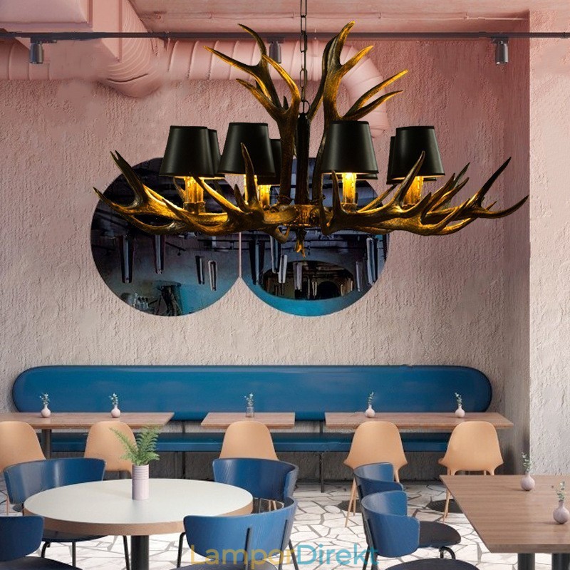 8 Ljus Svart Rustik Konstnärlig Retro Horn Antik Ljuskrona Med Skärmar