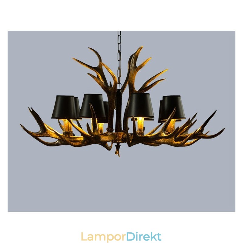 8 Ljus Svart Rustik Konstnärlig Retro Horn Antik Ljuskrona Med Skärmar