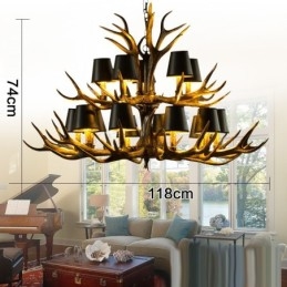 15 Ljus Svart Rustik Konstnärlig Retro Horn Antik Ljuskrona Med Skärmar
