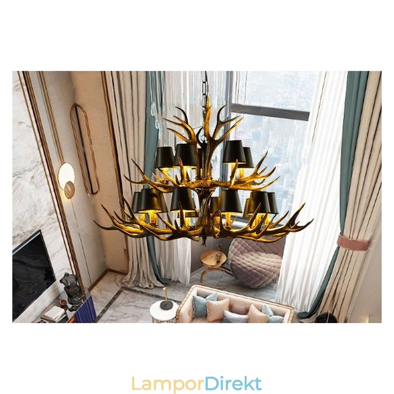 15 Ljus Svart Rustik Konstnärlig Retro Horn Antik Ljuskrona Med Skärmar