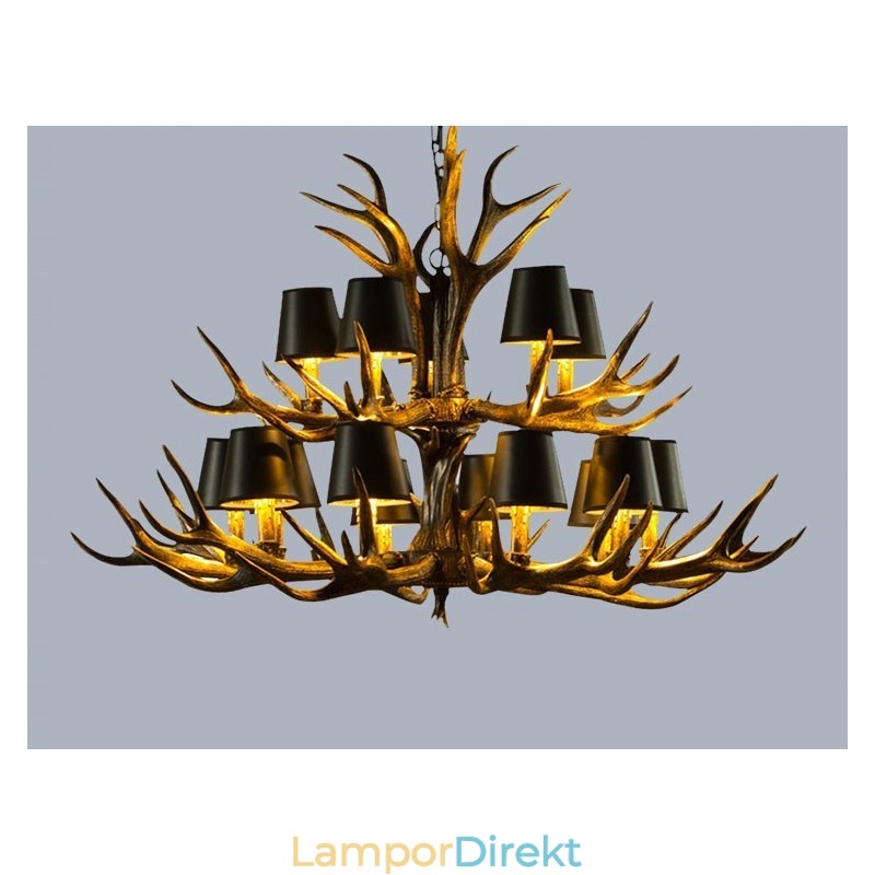15 Ljus Svart Rustik Konstnärlig Retro Horn Antik Ljuskrona Med Skärmar