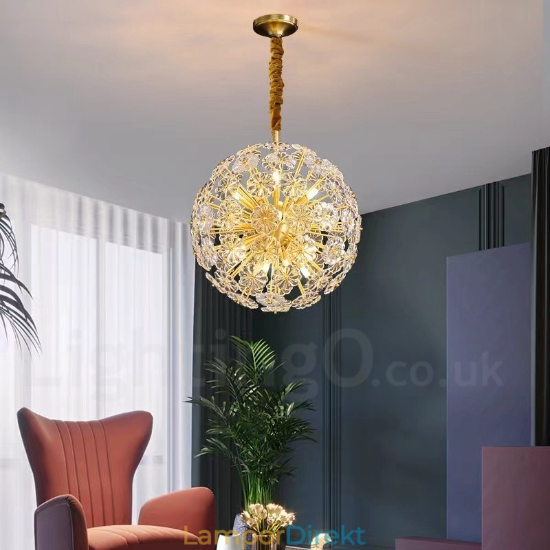Nordisk Sfärisk Mässing Maskros Crystal Pendellampa