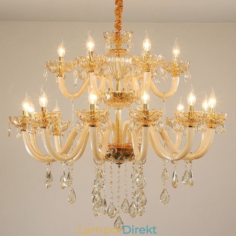 Elegant Kristallkrona Europeisk Cognac Färg Taklampa Glaskropp Dubbellager 12+6 Lampor