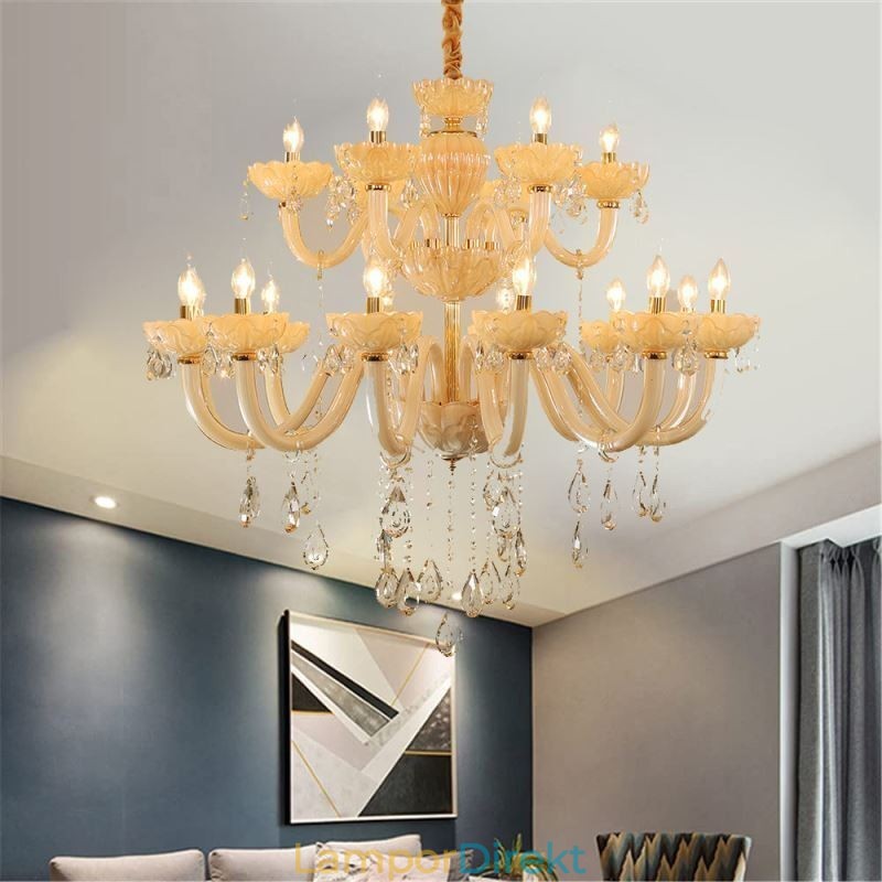 Lyxig Kristallkrona Europeisk Konjakfärg Taklampa Glaskropp Dubbelt Lager 12+6 Lampor