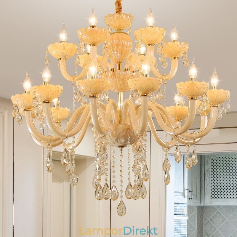 Lyxig Kristallkrona Europeisk Konjakfärg Taklampa Glaskropp Dubbelt Lager 12+6 Lampor
