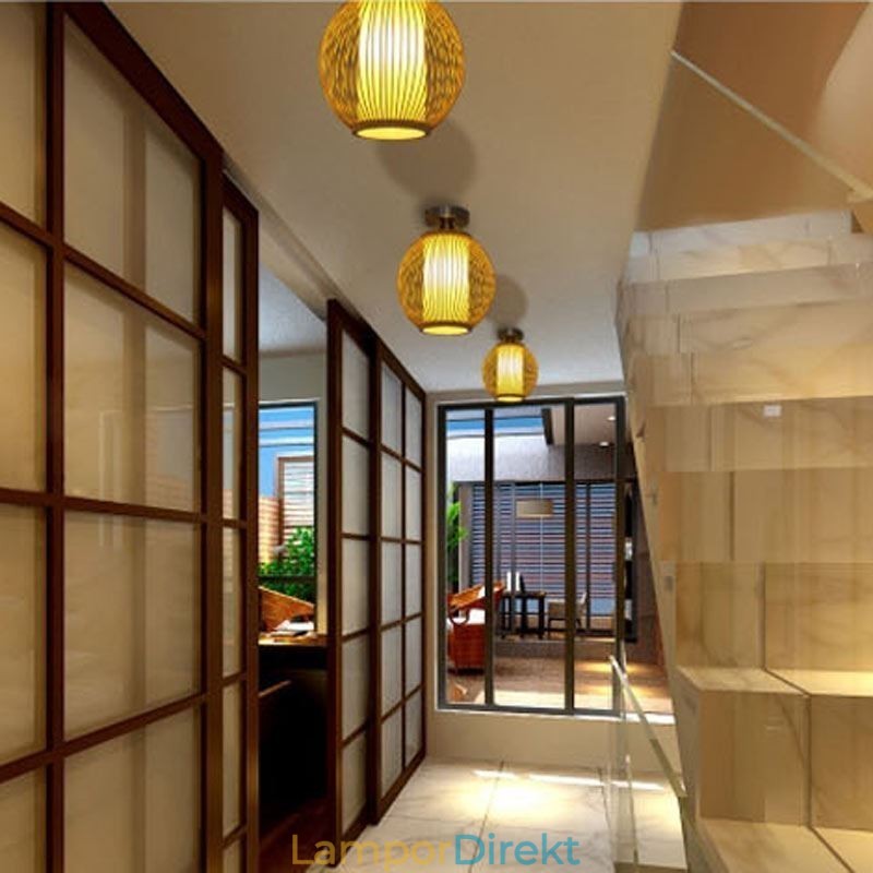 Unik Semi Flush Mount Creative Round Bamboo Ceiling Light Verandabelysning