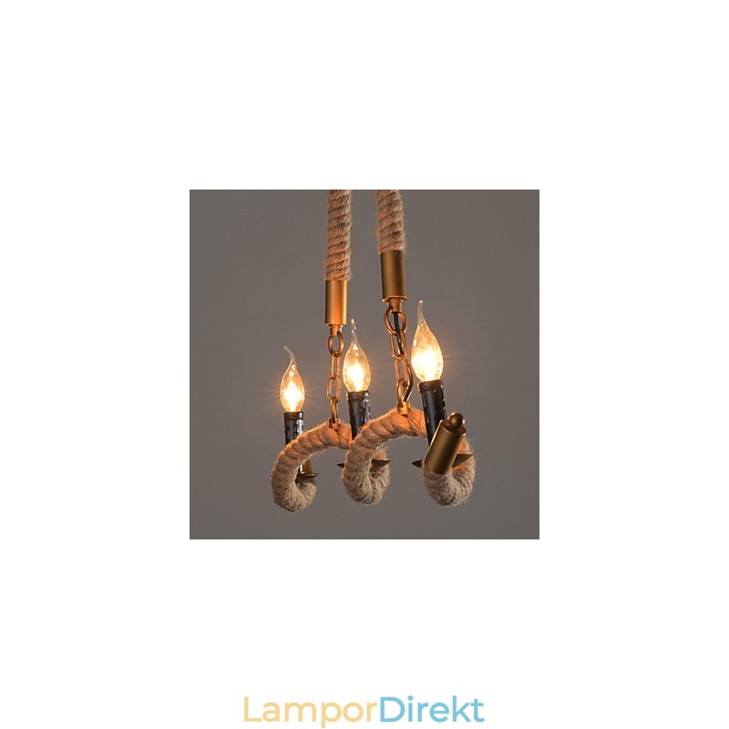 Candle Hampa Ljuskrona Vintage Hänge Smidesjärn Våg Hampa Rep Ljuskrona