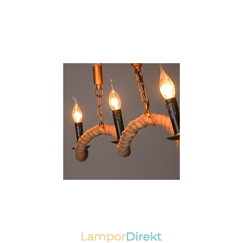 Candle Hampa Ljuskrona Vintage Hänge Smidesjärn Våg Hampa Rep Ljuskrona