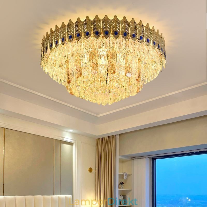 Crystal Flush Mount Rund Elektropläterad Phoenix Tail Guld Lyxig Decrative Taklampa