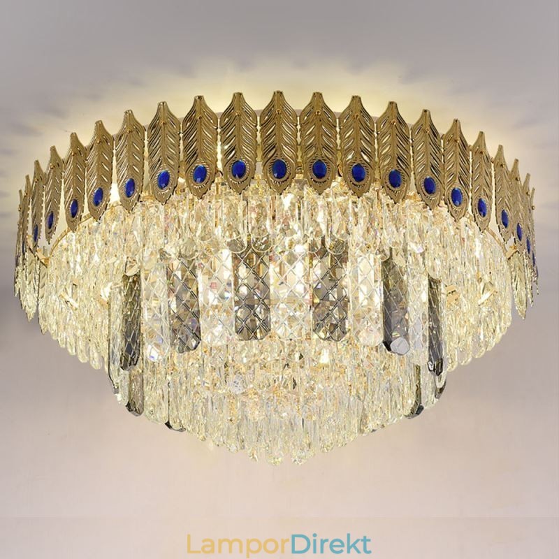 Crystal Flush Mount Rund Elektropläterad Phoenix Tail Guld Lyxig Decrative Taklampa