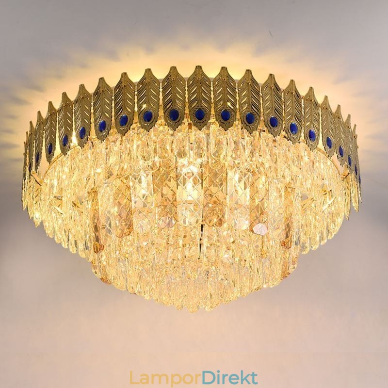 Crystal Flush Mount Rund Elektropläterad Phoenix Tail Guld Lyxig Decrative Taklampa